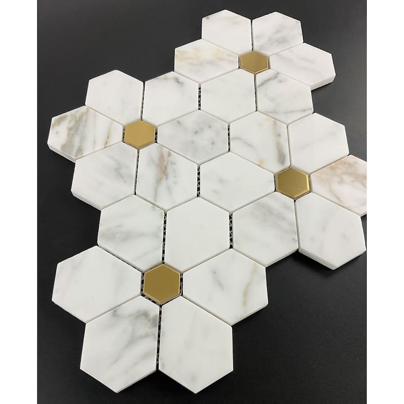 Flower Pattern Marble & Golde Metal Mosaic Tiles