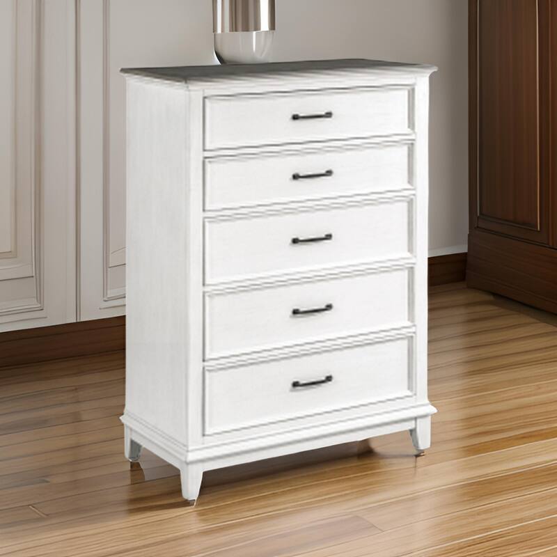 Woki 55 Inch Tall Dresser Chest, 5 Drawers, White and Brown Solid Wood