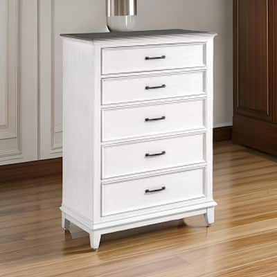 Woki 55 Inch Tall Dresser Chest, 5 Drawers, White and Brown Solid Wood
