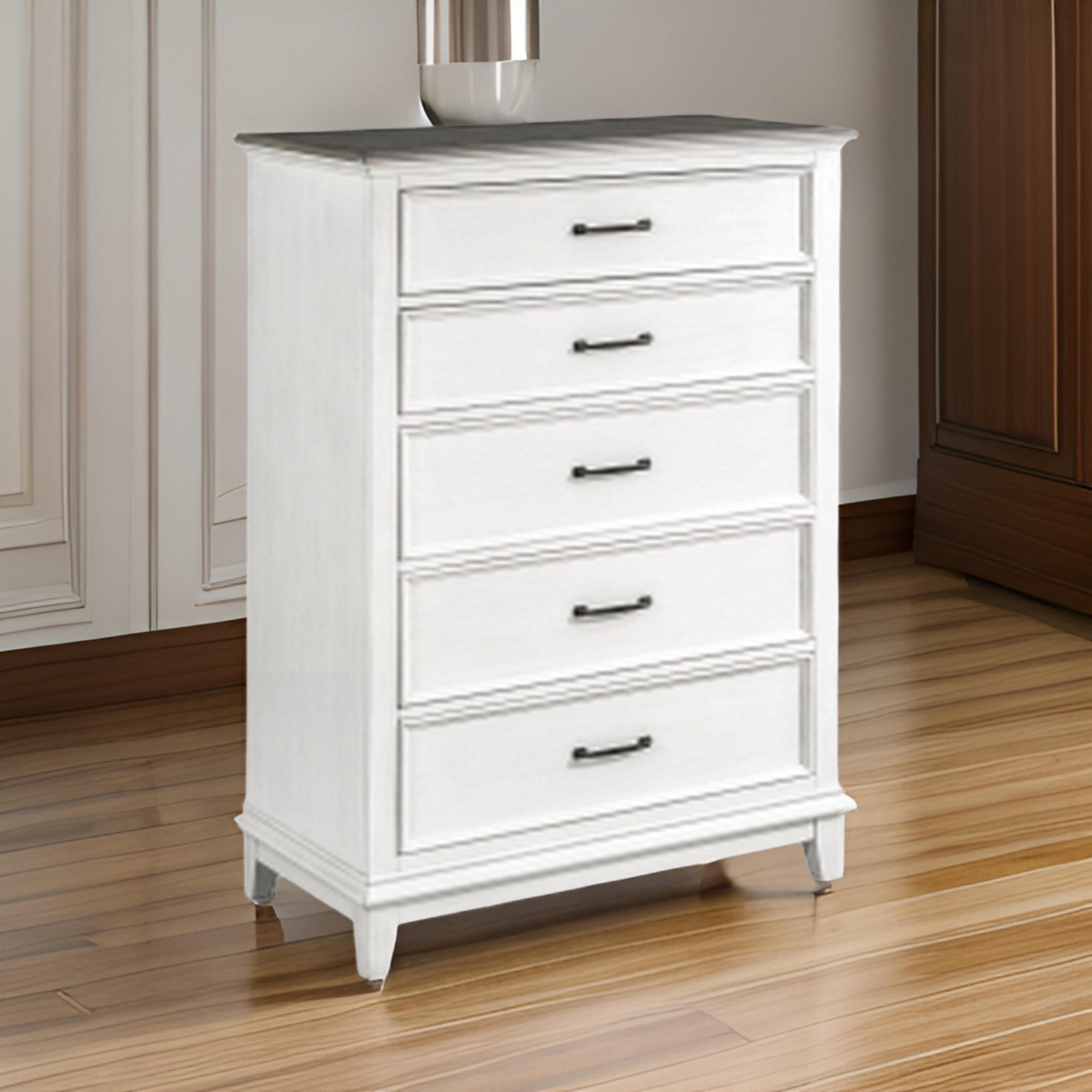 Woki 55 Inch Tall Dresser Chest, 5 Drawers, White and Brown Solid Wood