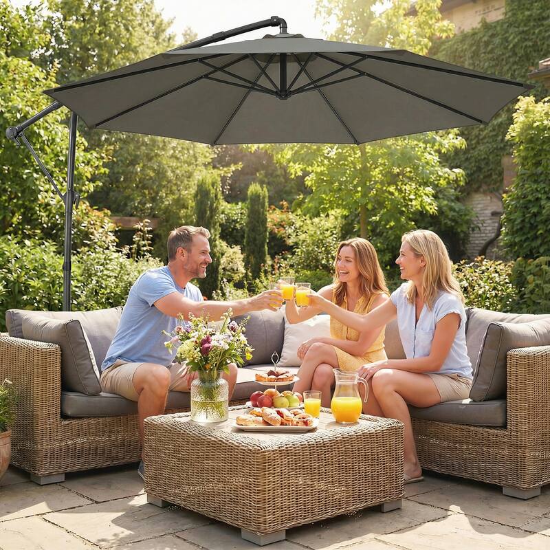 Outsunny 10 ft Offset Patio Umbrella with Cover, Round Hanging Cantilever Umbrella with 6-Position 360° Rotation, Sky Blue - Tan