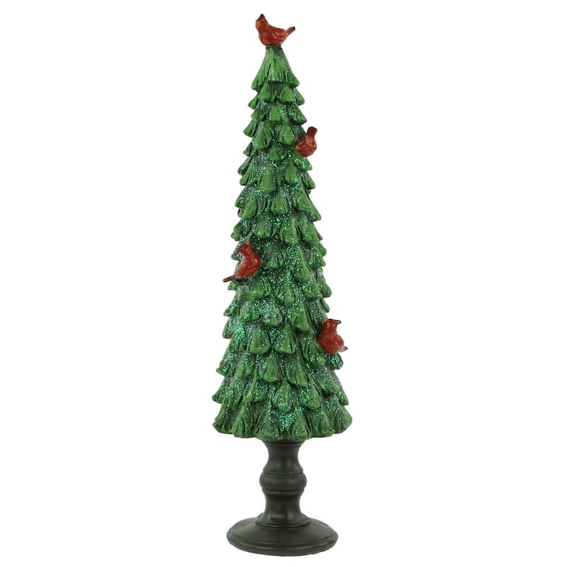 Glittered Christmas Tree with Red Cardinals Decoration - 14.5" - Green and Red