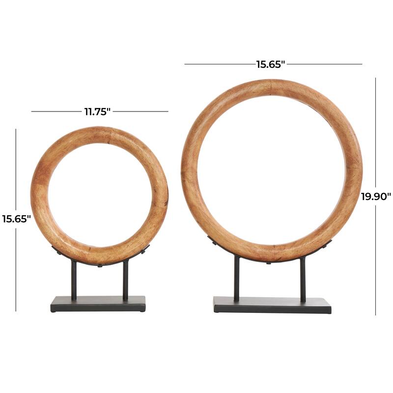 Wood Geometric Circular Ring Sculpture with Black Metal Stands - Set of 2 Brown - Roche River Decor - 4"W x 16"L x 20"H