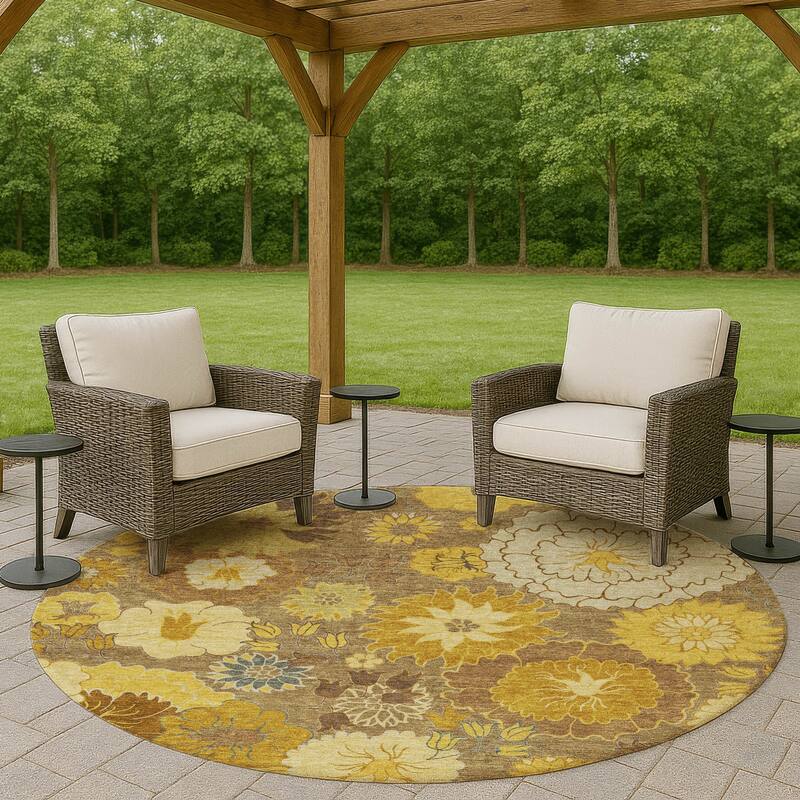 Machine Washable Indoor/ Outdoor Modern Floral Chantille Rug - Mocha - 8' x 8'