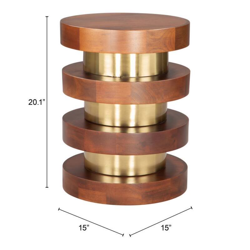 20" Modern Brown and Gold Solid Wood Round Pedestal End Table with Iron Base for Living Room - 20.1”H x 15”W x 15”L