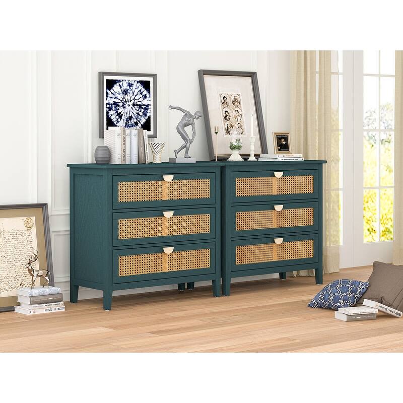 Grondin Transitional Boho Style 3-Drawer Dresser with Rattan Drawer Front and Solid MDF Frame Chest of Drawers