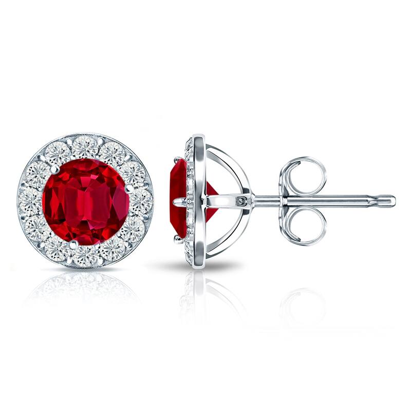 Auriya 14k Gold Lab Grown Gemstone Ruby Stud Earrings Round 0.25 to 5.00 ct. tw. Halo Push-Back - 1.75ct tgw. - White