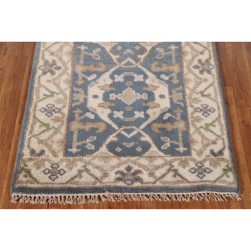 Floral Blue Oushak Oriental Runner Rug Handmade Wool Carpet - 2'8"x 9'10"