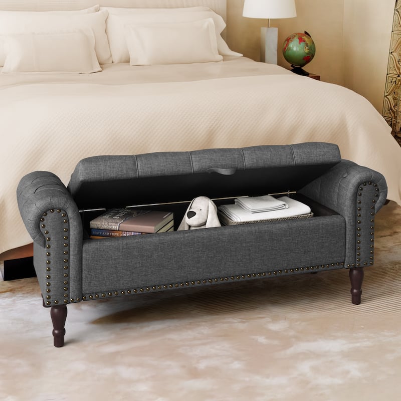 Modern Velvet Upholstered Storage Bench with Silver Nailhead Trim