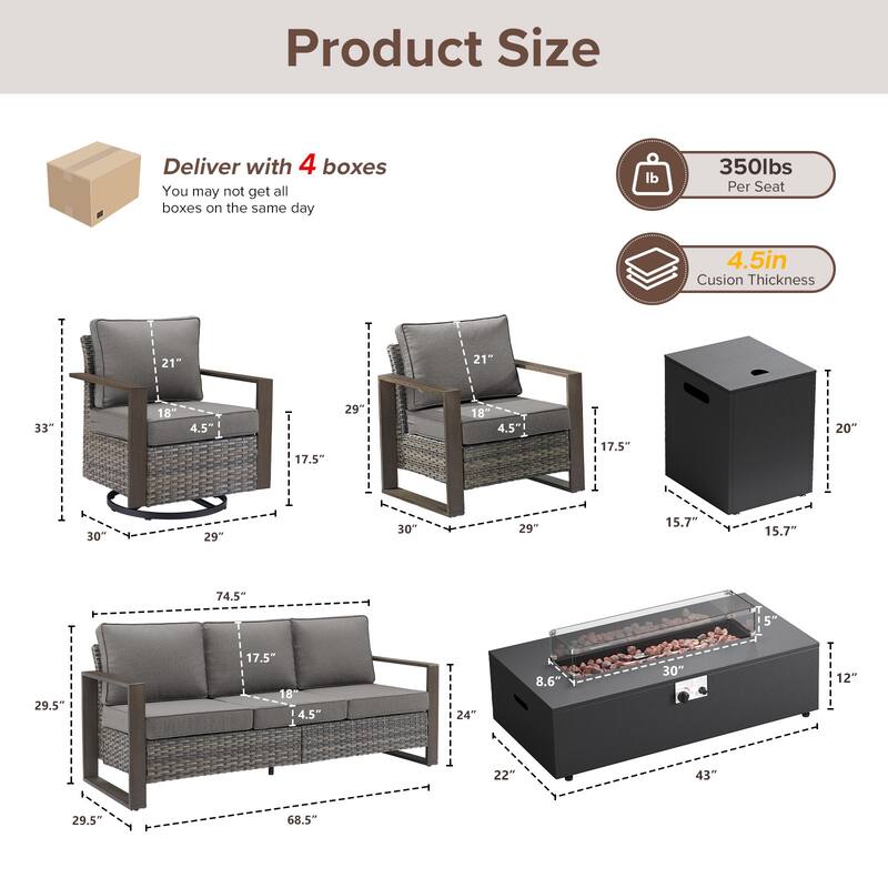 Meyreso Wicker Outdoor Patio Fire Pit Set with Swivel Gliders and 4.5-Inch Olefin Cushions