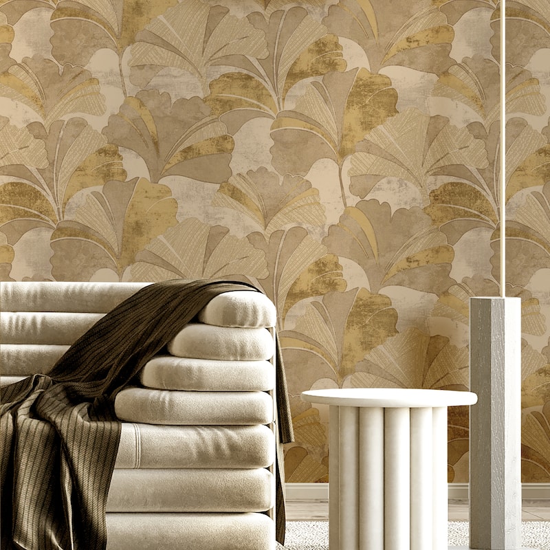 Galerie Wallcoverings Stratum Collection Ginko Leaf Vinyl on Non-woven Metallic Wallpaper Roll Double Width