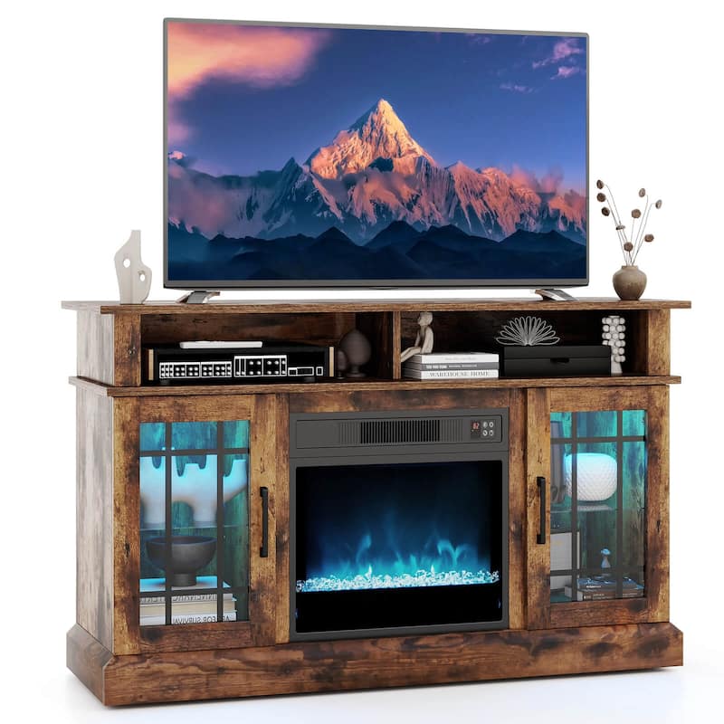 Electric Fireplace TV Stand -Media Entertainment Center w/LED Lights - Brown