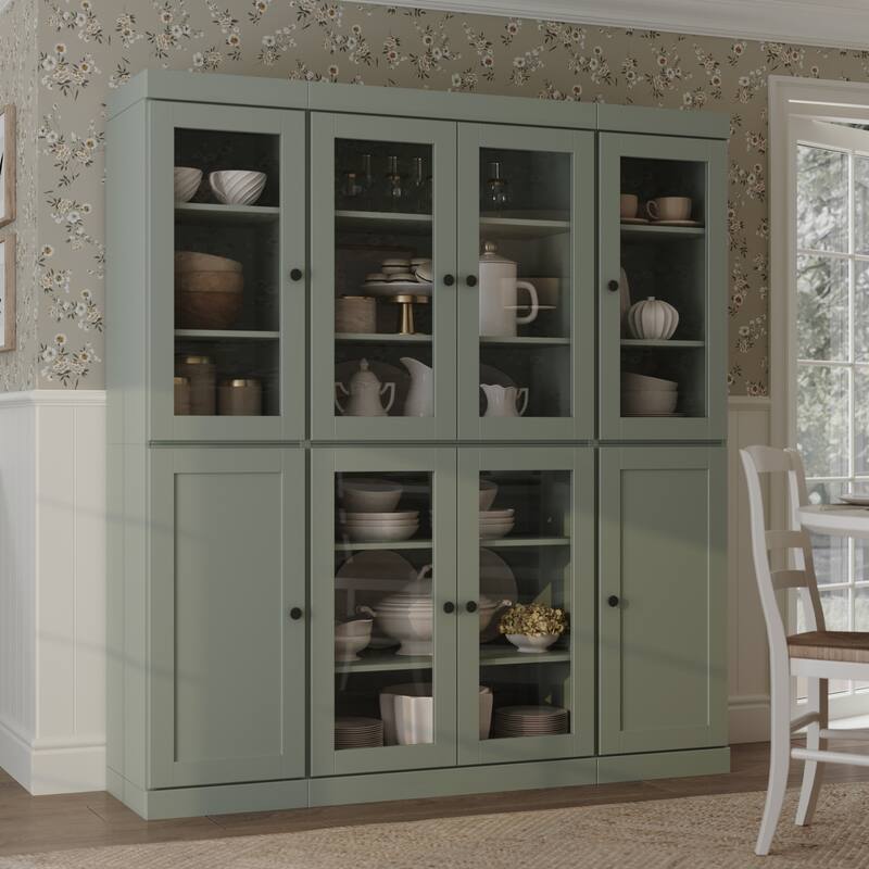 Palace Imports 100% Solid Wood 65" Pantry Cabinet with Clear Glass, Shaker Doors and Adjustable Shelves - Sage