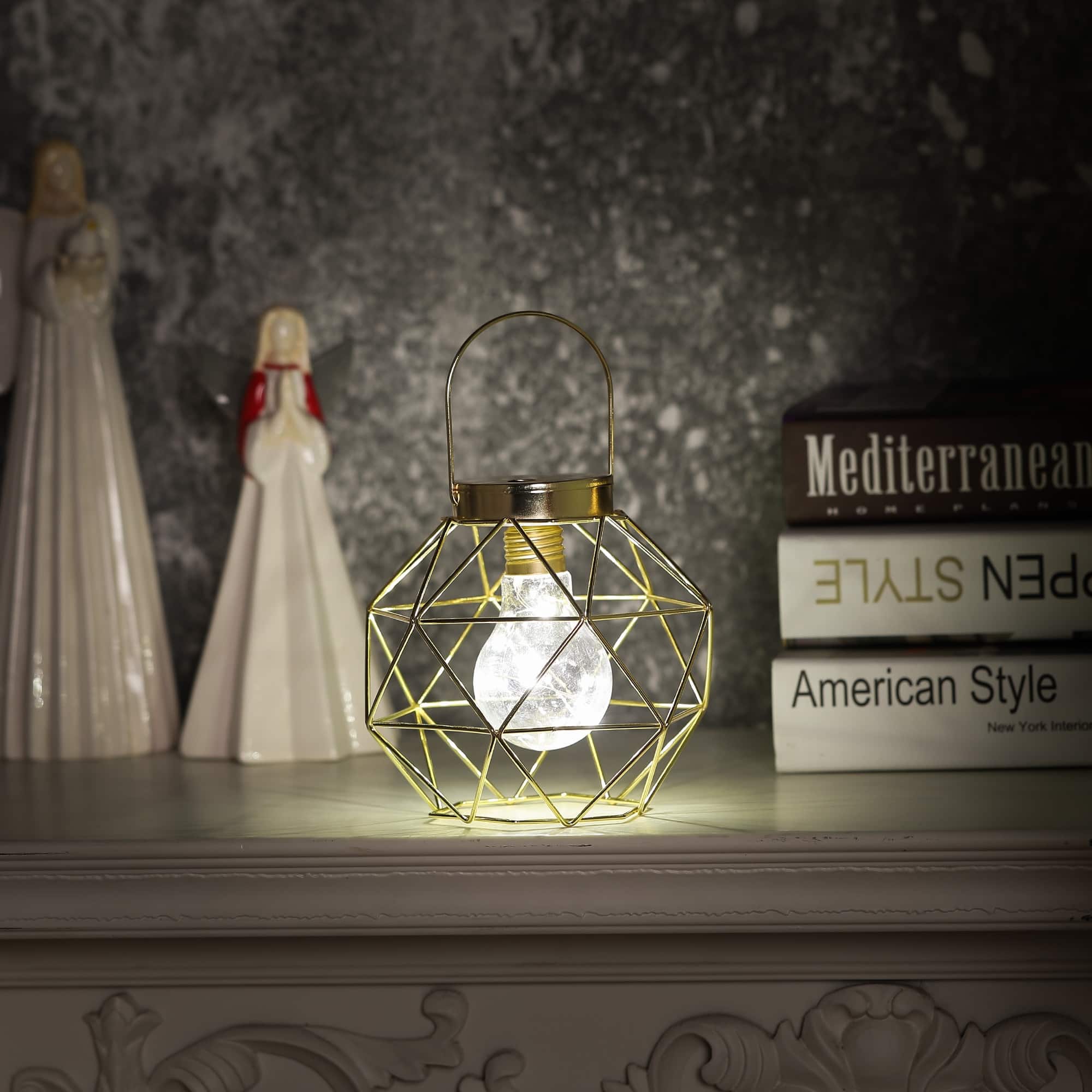 slide 1 of 6, LED String Light Bulb in Prism Tabletop Lantern