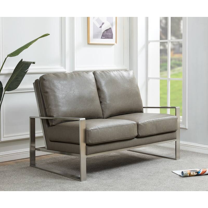 Jefferson Modern Leather Loveseat with Brushed Silver Stainless Steel Base, Removable Cushions, Sinuous Springs, Fully Assembled