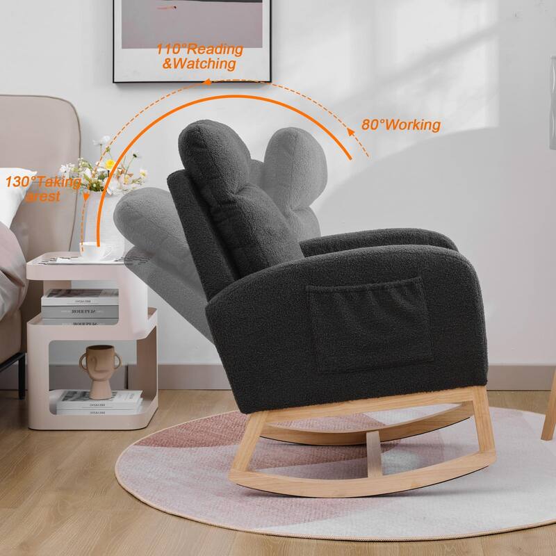 Dark Grey Polyester Wood Rocking Chair with High Back and Side Pocket - 35.43” D x 25.98” W x 40.94” H