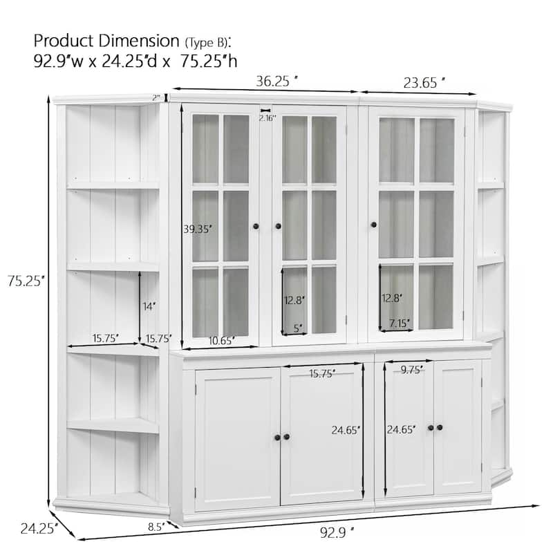 Roomfitters 75.25'' Display Cabinet with Glass Doors and Two Triangle Bookshelves, Retro Wall Storage Unit for Living Room
