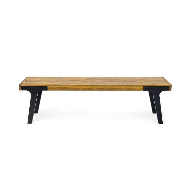 Roomfitters Outdoor Benches Set of 2, Acacia Wood Seats with Black Metal Legs, Patio or Garden Dining Benches