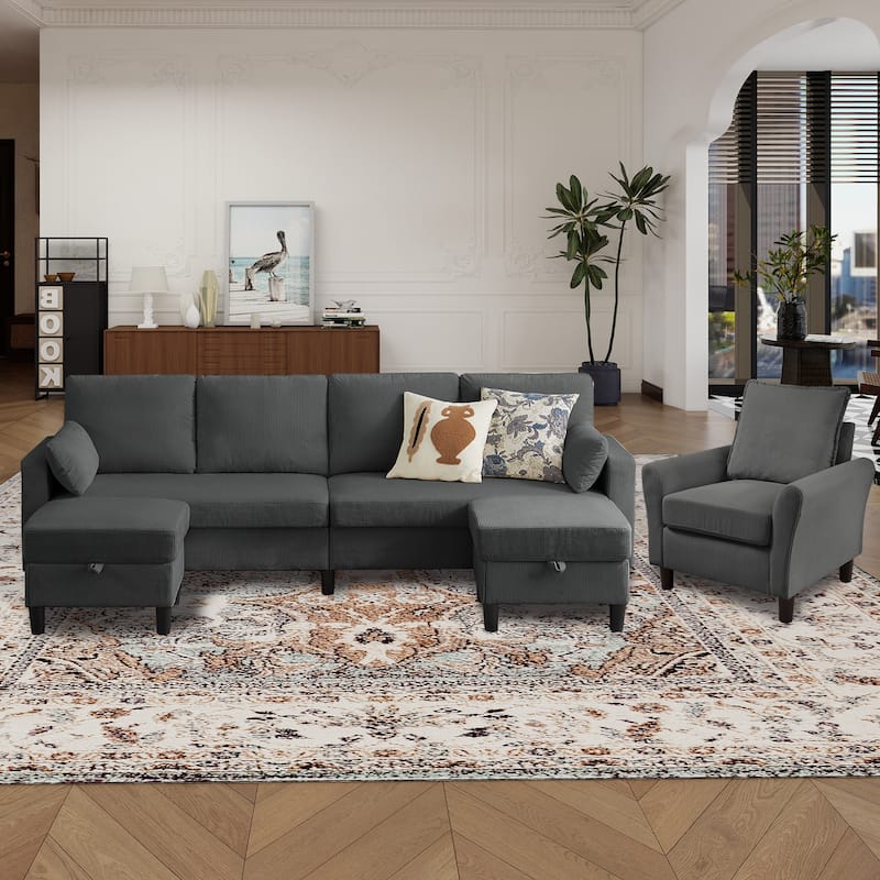 101"Corduroy 3 Piece Living Room Set Including 4 Seater Sofa ,2 Storage Ottoman and Chair