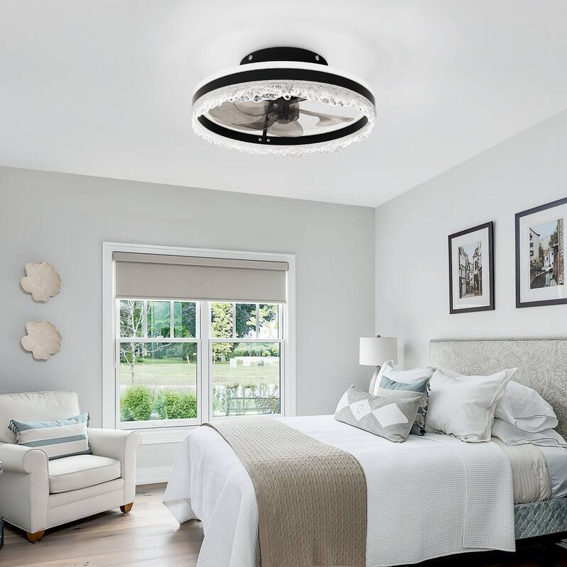 Smart Silent LED Ceiling Fan with Light Crystal Flush Mount, Hidden Blades