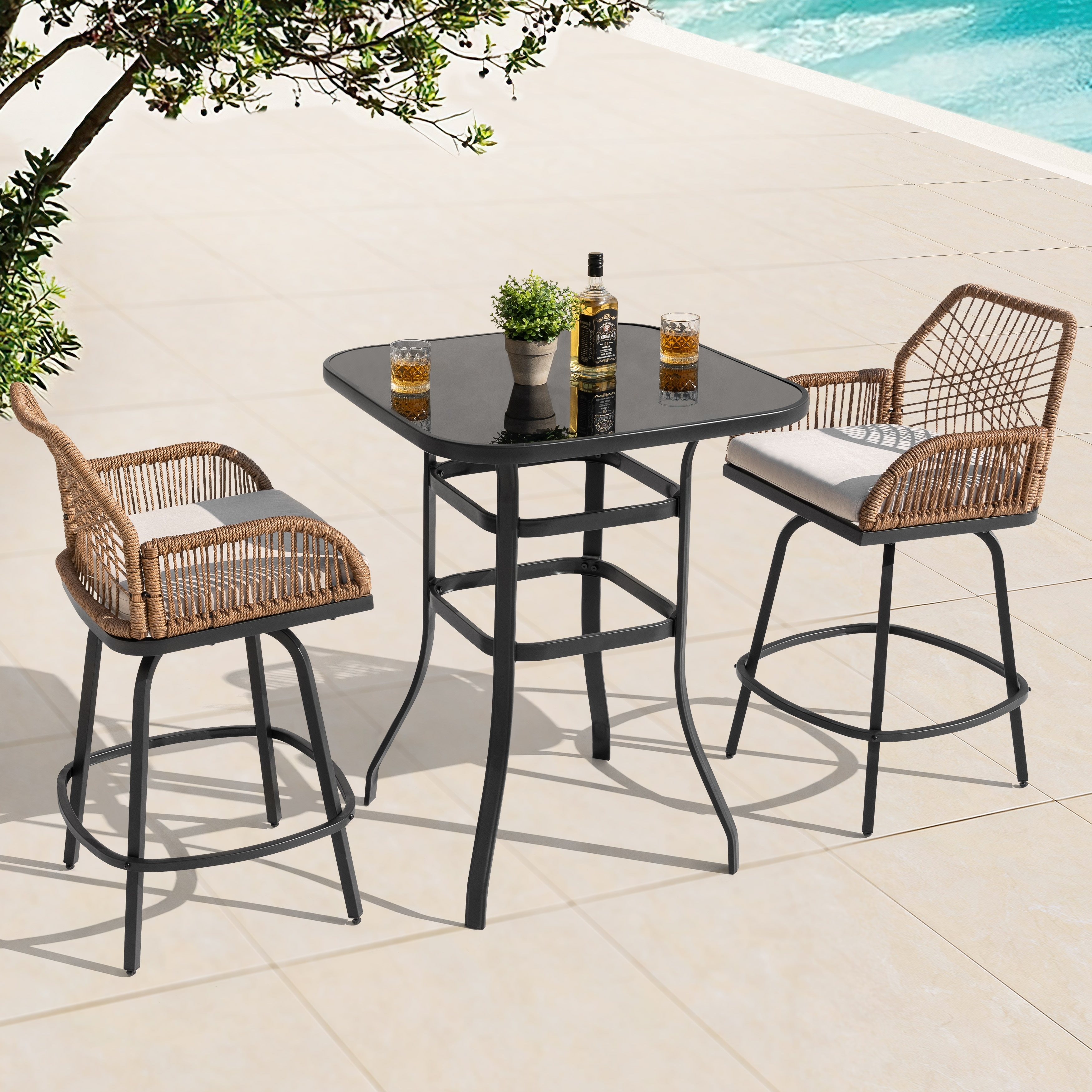 Swivel Patio Bar Set with Cushions, Handwoven Twisted Rattan Design