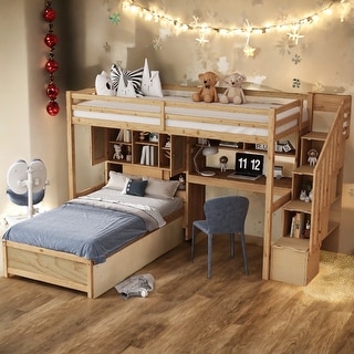 Solid Pine Wood Twin over Twin Staircase Loft Bed with Built-in Desk and Storage Cabinets