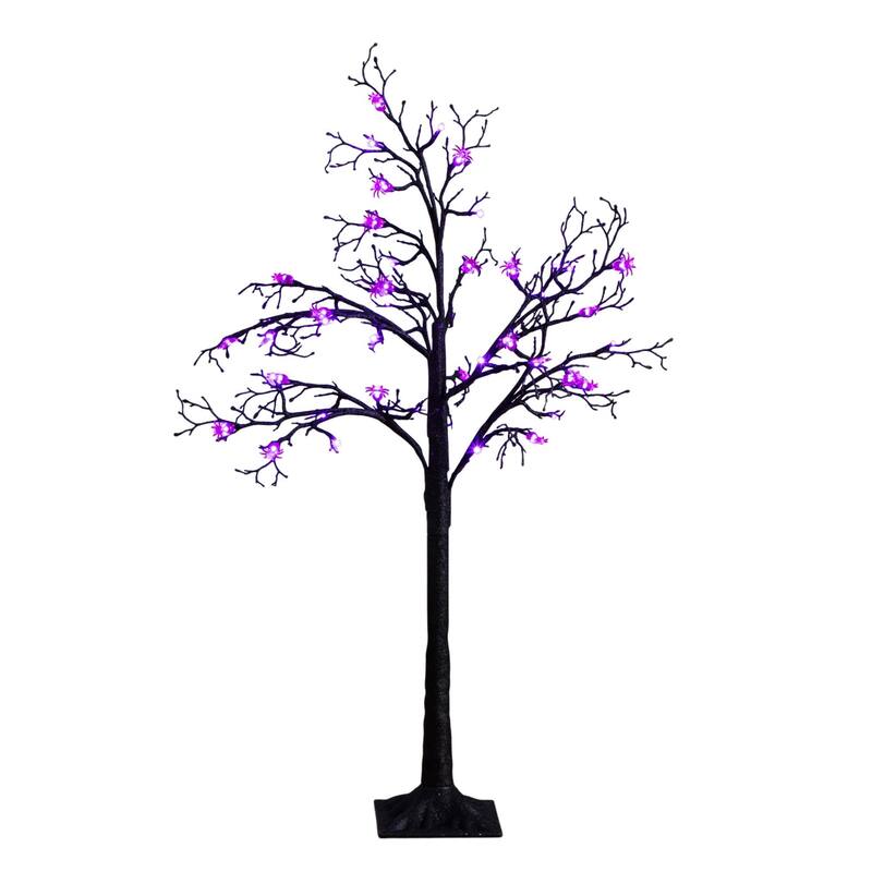 Pre-Lit Artificial Halloween Twig Tree with Spiders - 4' - Purple LED Lights