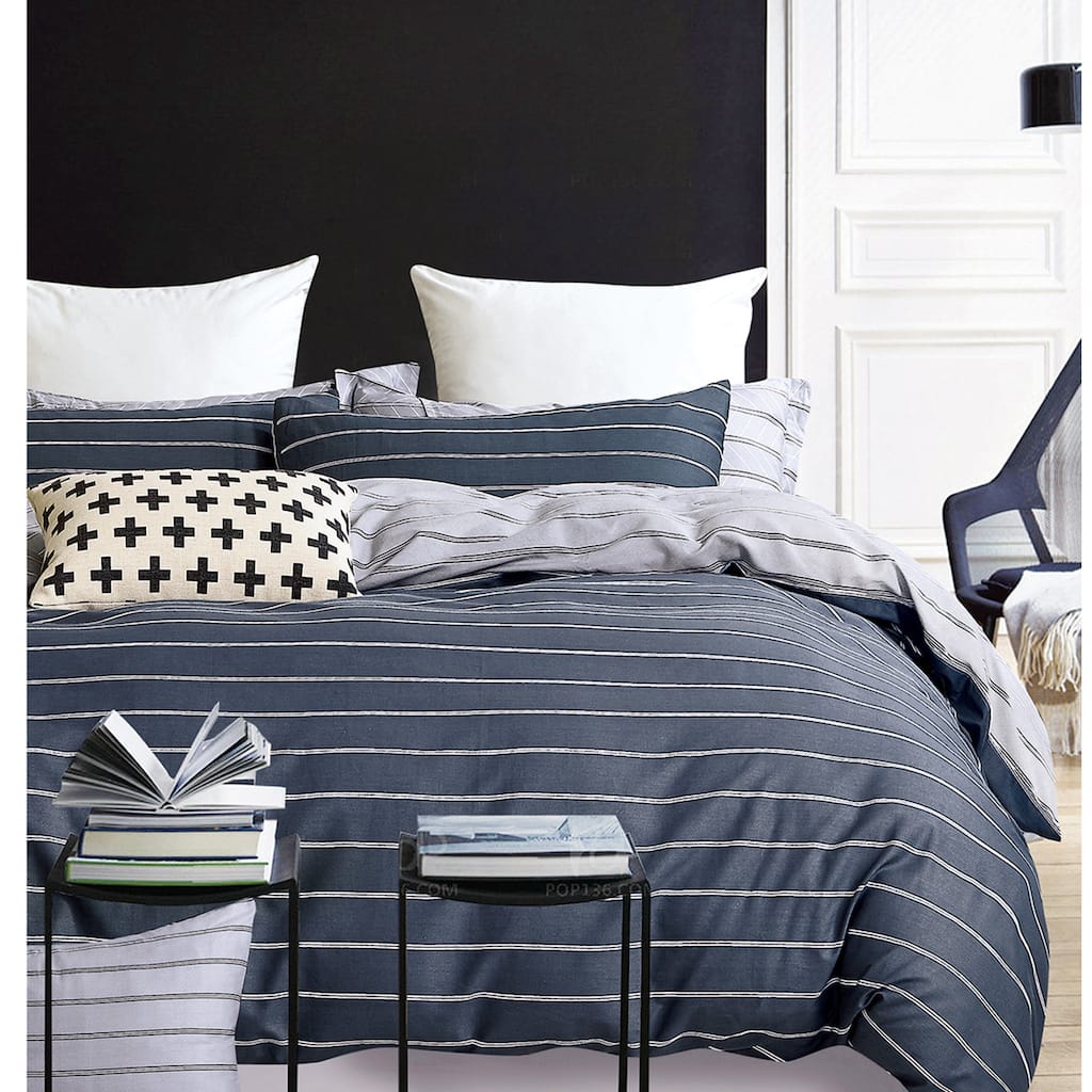 Navy Blue Striped 100% Cotton Reversible Comforter Set