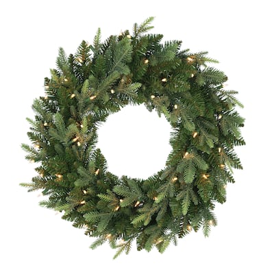 Puleo International 24" Pre-Lit Balsam Fir Wreath 300 Tips 50 Clear Lights - Green