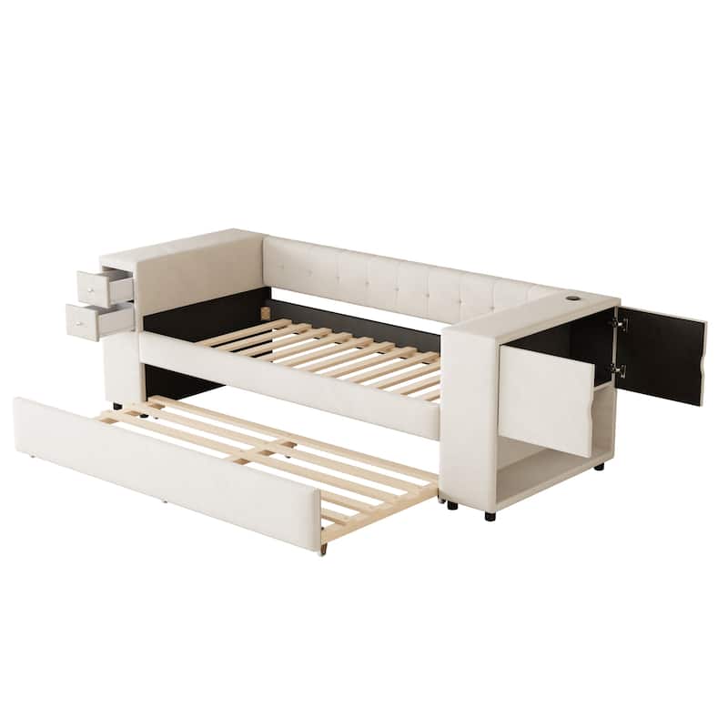 Space-Saving Twin Bed with Trundle, Built-in USB Ports, Storage Drawers, French Velvet Upholstery