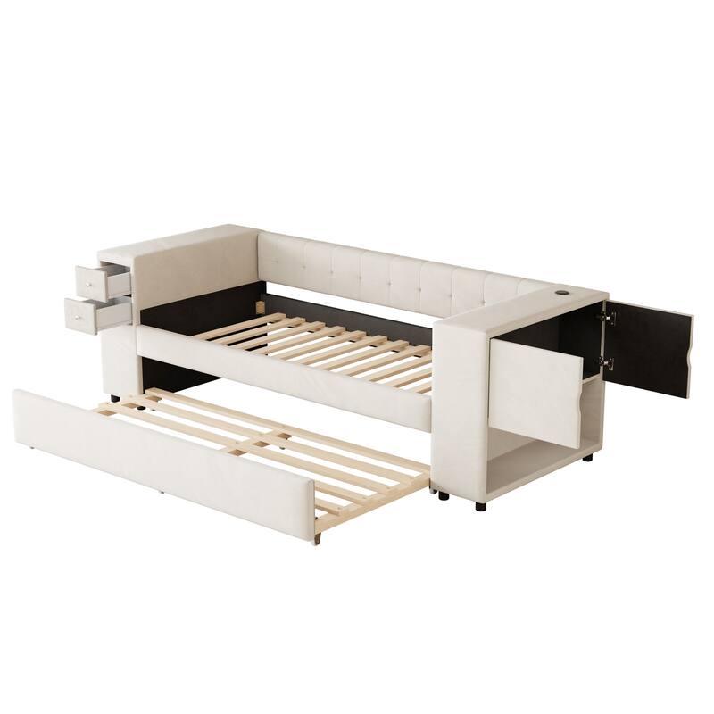 Twin Velvet Upholstered Platform Bed with Trundle, USB Charging, Storage Drawers, Beige/Gray