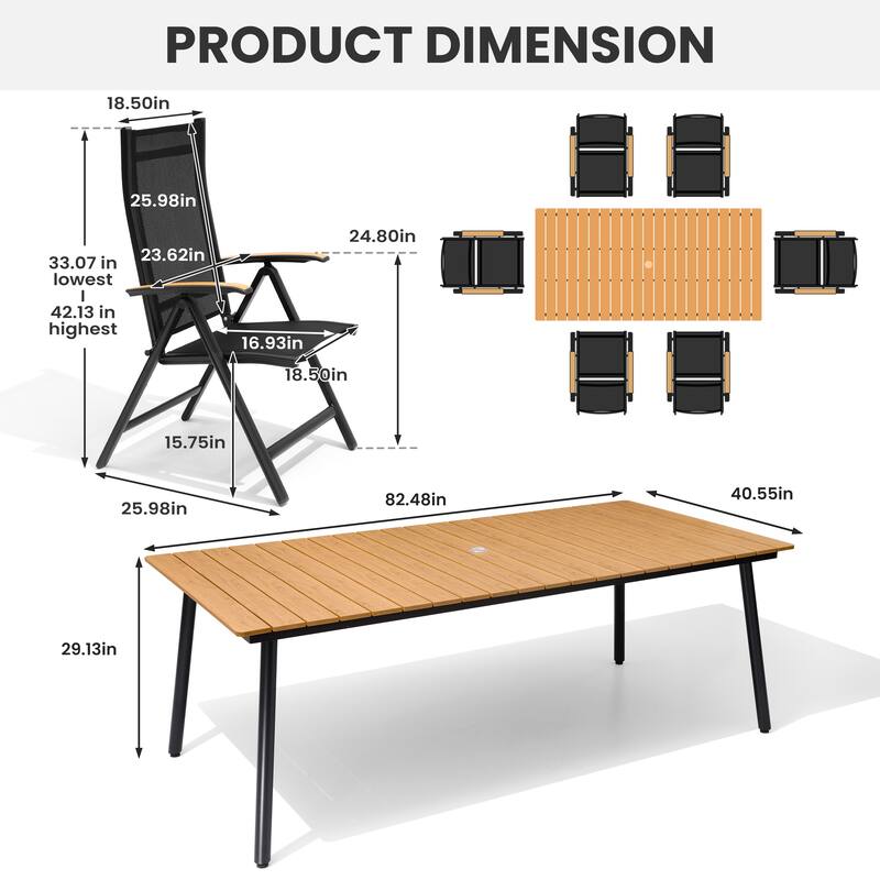 7/9-Piece Outdoor Aluminum Patio Dining Set Adjustable Folding Chairs and Dining Table with Umbrella Hole