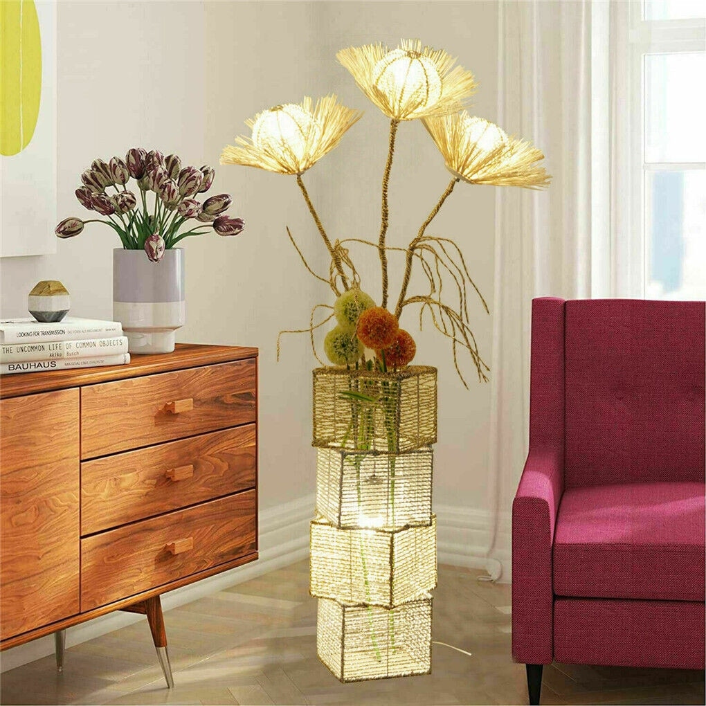 Floor Lamp Pastoral with Hand-Woven Flower Rattan LED Night Light - 10.83” W x 51.18” H