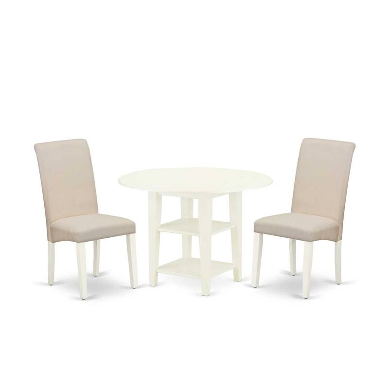 HomeStock 3-Piece Linen White Finish Round Solid Wood Top With Dropleaf Dining Table Set