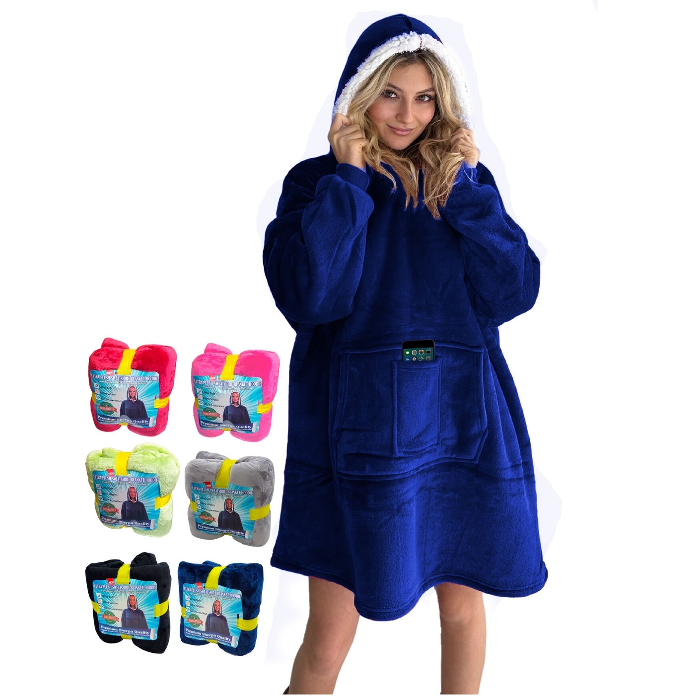 Wearable Hoodie Blanket Oversized Sherpa Fleece Sweatshirt In One TV Blanket Blue