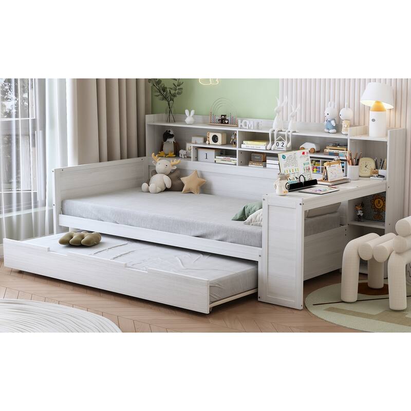 Full Size Daybed with Storage Shelves, Multi-Functional Bed with Twin Trundle and Built-In Study Desk, Space-Saving Design