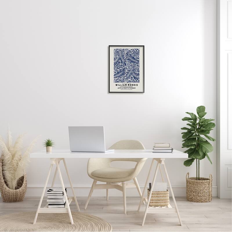 Stupell Blue Floral Leaves Botanical Pattern Exhibition Flyer Framed Wall Art