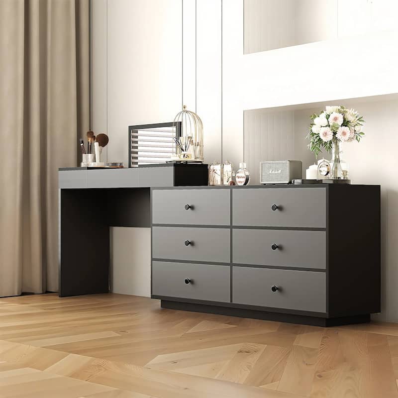 Home Office Storage Expandable Dresser Desk Combo With Flip-Top Makeup Mirror and 6 Storage Drawers
