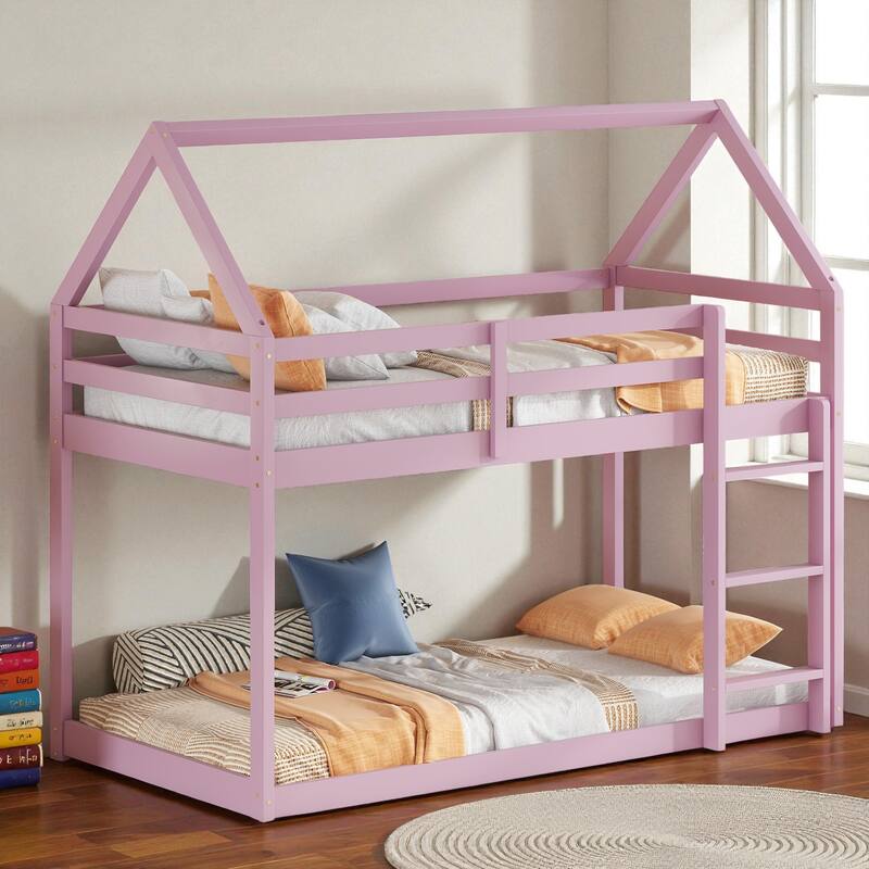 Twin Over Twin Floor Bunk Bed with House Roof Design, Rubber Wood Frame, Ladder and Guardrails for Kids Bedroom - Pink - Twin
