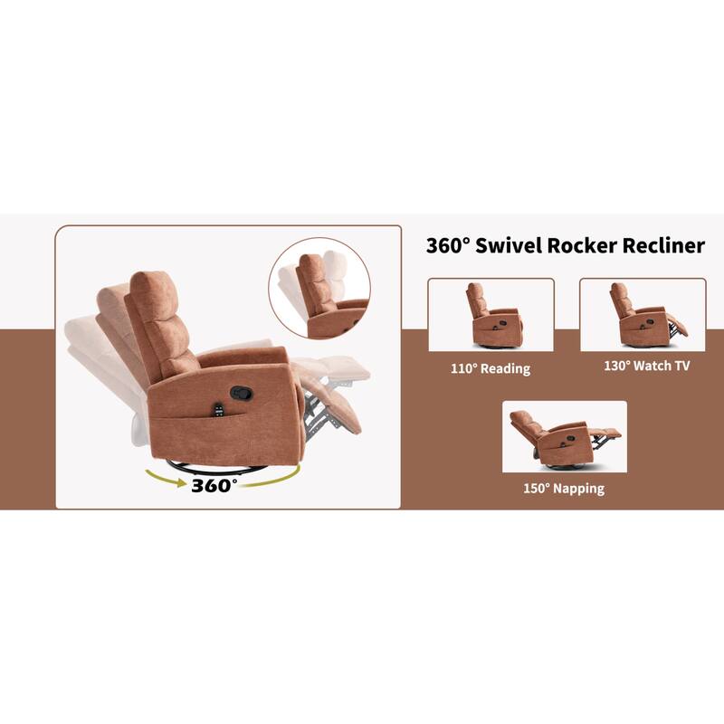 Roomfitters Manual Rocker Swivel Recliner Chair with Heat and Massage Fabric Glider Lounge Sofa for Living Room