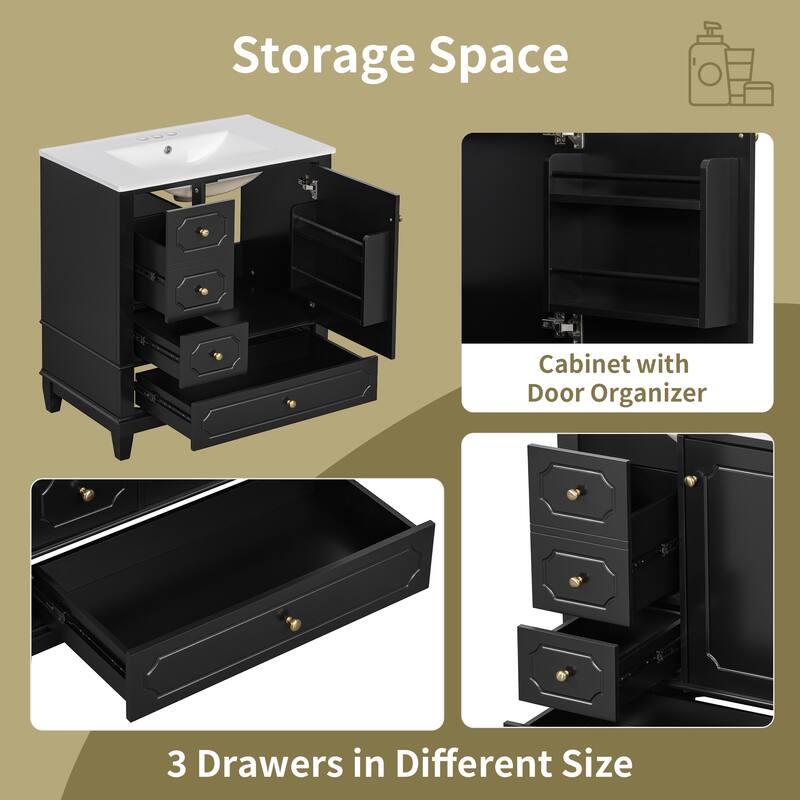 30" Bathroom Vanity With Sink, Freestanding Vanity Cabinet With Ceramic Basin, 3 Drawers, Storage Shelves Included