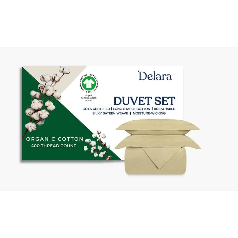 Delara GOTS Certified 100% Organic Cotton Duvet Cover Set 400TC, Long Staple Cotton, Moisture-Wicking, Smooth & Breathable