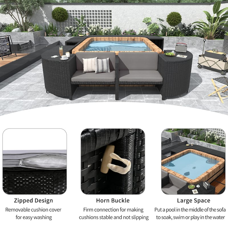 Outdoor Patio Rattan Spa Surround Frame Sofa Set with Storage Spaces and Wooden Bench