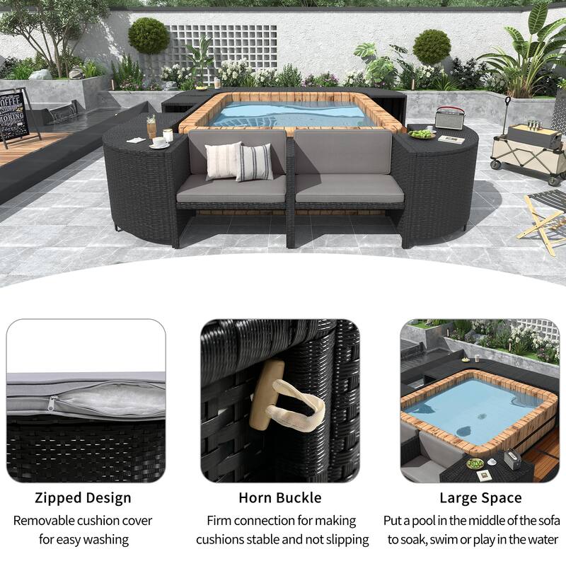 Outdoor Rattan Spa Frame Conversation Sofa Set with Storage & Wooden Bench