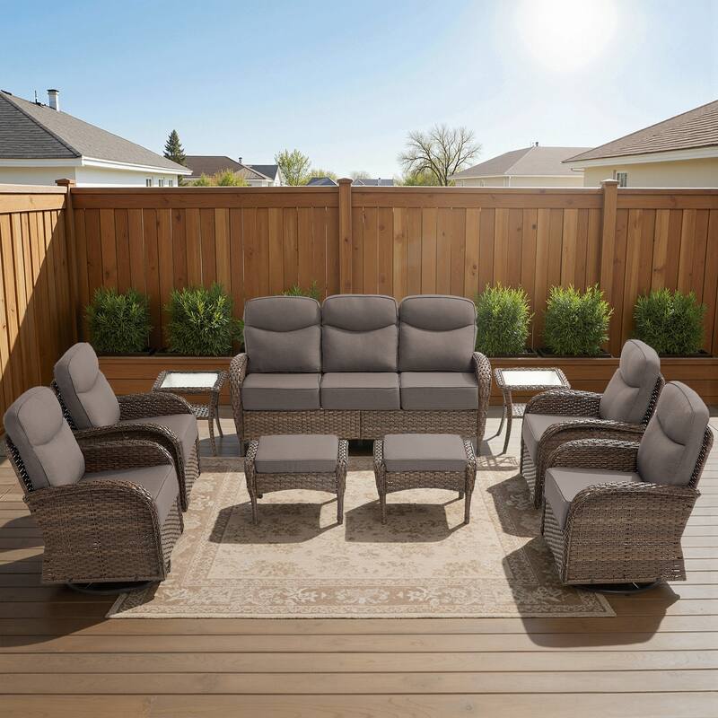 Luna 9-Piece Wicker Patio Conversation Set with Swivel Gliders and 6-Inch Thick Olefin Cushions