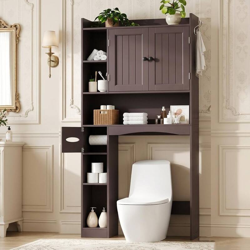 66''H Over The Toilet Storage Cabinet, Bathroom Storage Organizerwith 2 Doors, Paper Holder and Racks, Adjustable Shelf