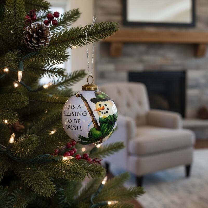 HomeRoots Green Irish Snowman Hand Painted Mouth Blown Glass Ornament - Glass - Green/White/Red