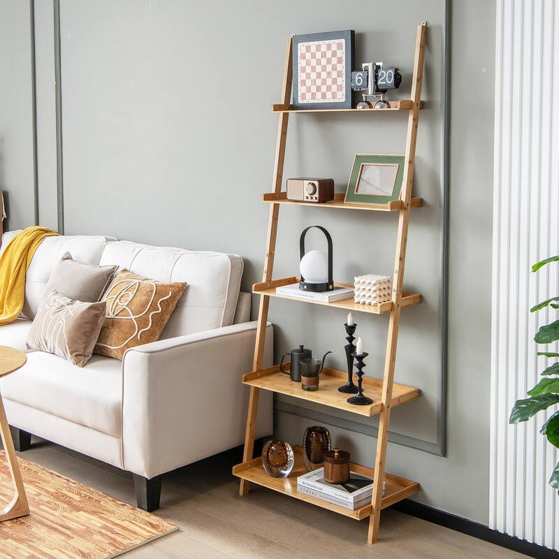 Gymax 5-Tier Bamboo Ladder Shelf Wall-Leaning Bookshelf Display