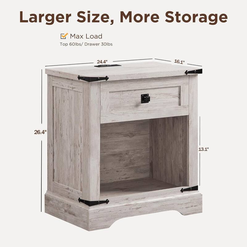 Farmhouse Nightstand with Charging Station，Beside Table for Bedroom