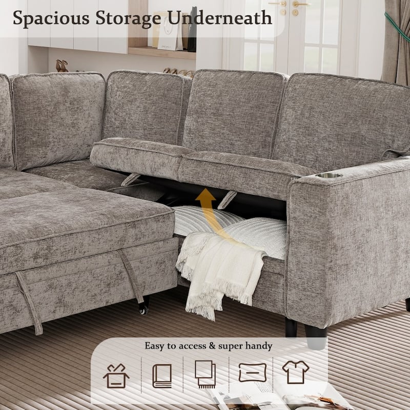 Modern L-shape Sectional Sofa Couch with Pull Out Sofa Bed Storage Seat and USB